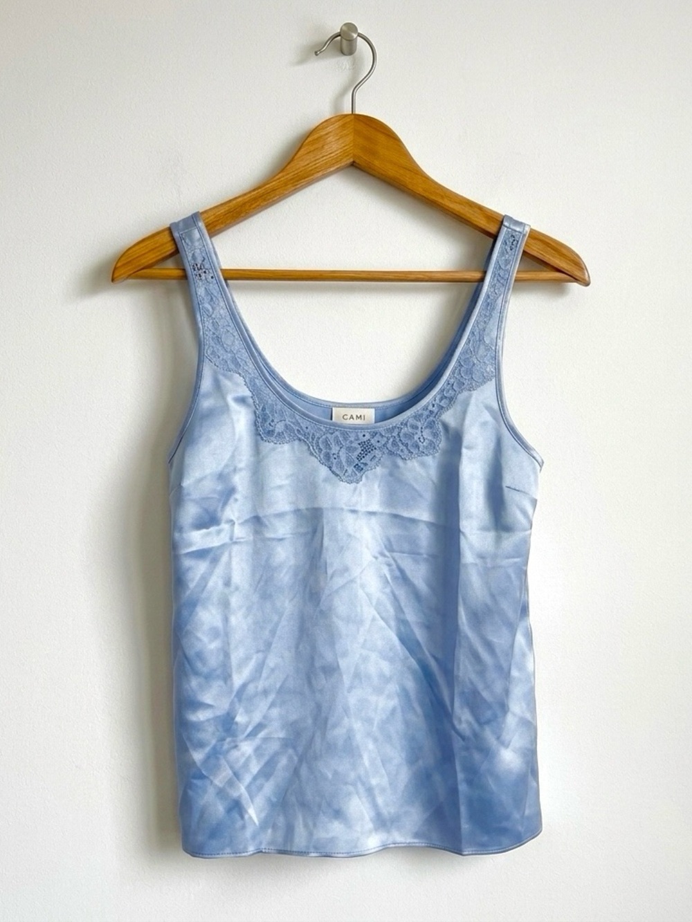 Satin Camisole with Lace Trim - Sky Blue
